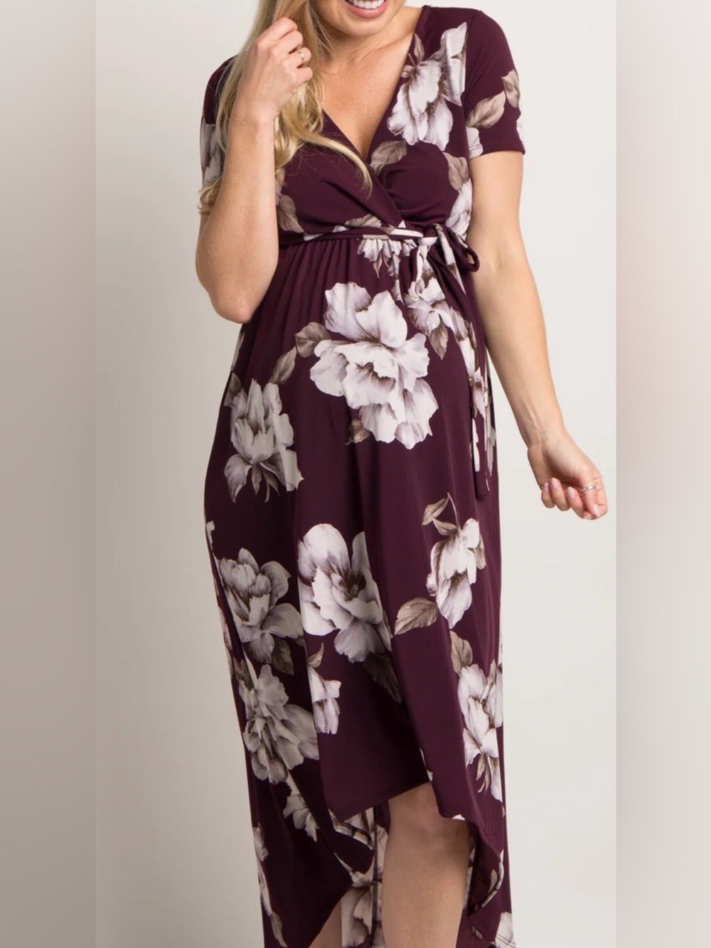 Pink Blush Plum Floral Hi-Low Maternity Wrap Dress Post Bump Friendly